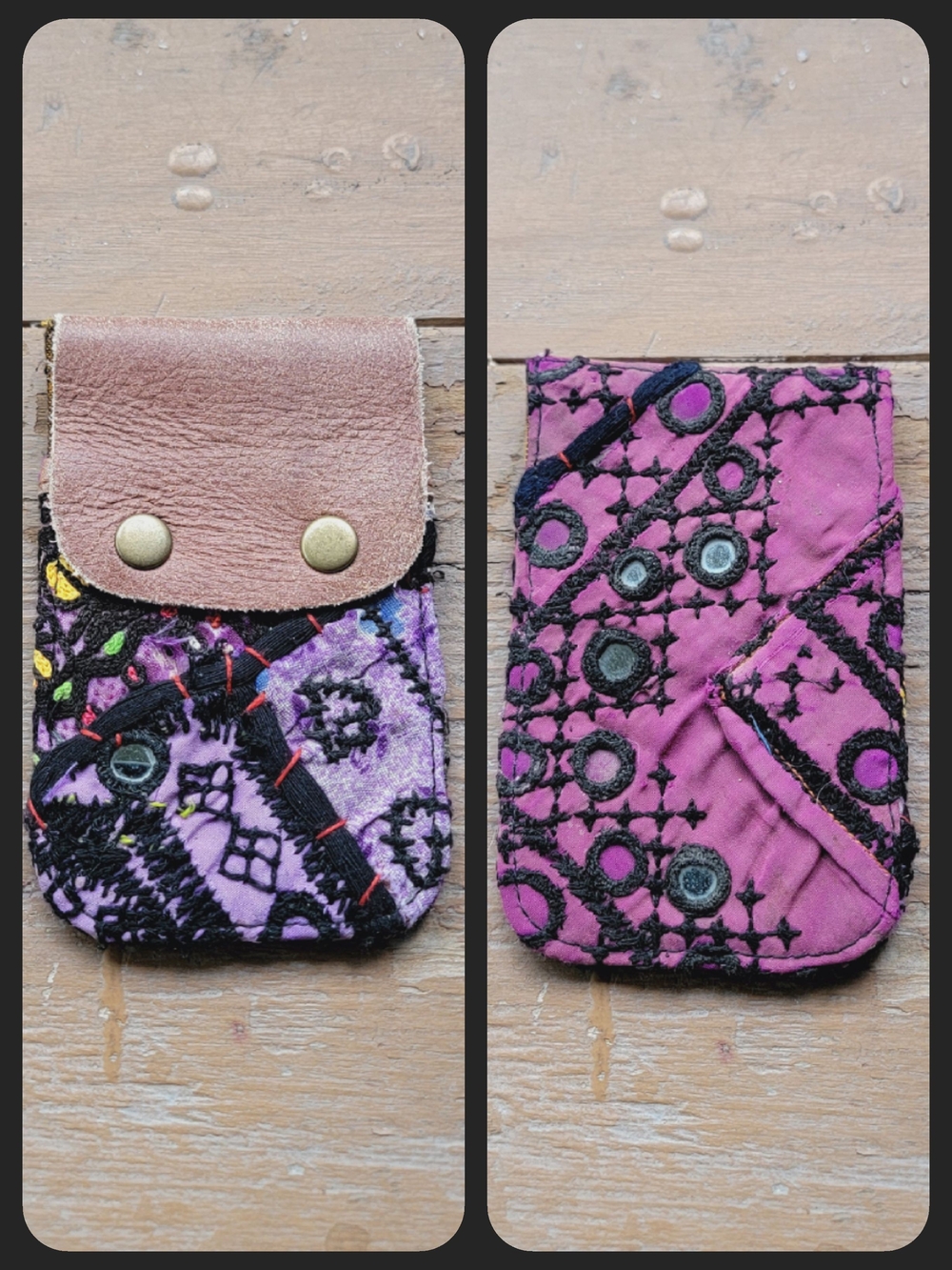 Free People embroidered banjara boho repurposed vtg leather wallet card case